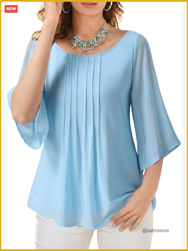 3/4 Sleeve Floral Tunic Blouse Boat Neck Double Layer Mesh Fabric
